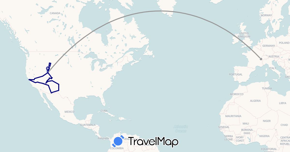 TravelMap itinerary: driving, plane in Switzerland, United States (Europe, North America)